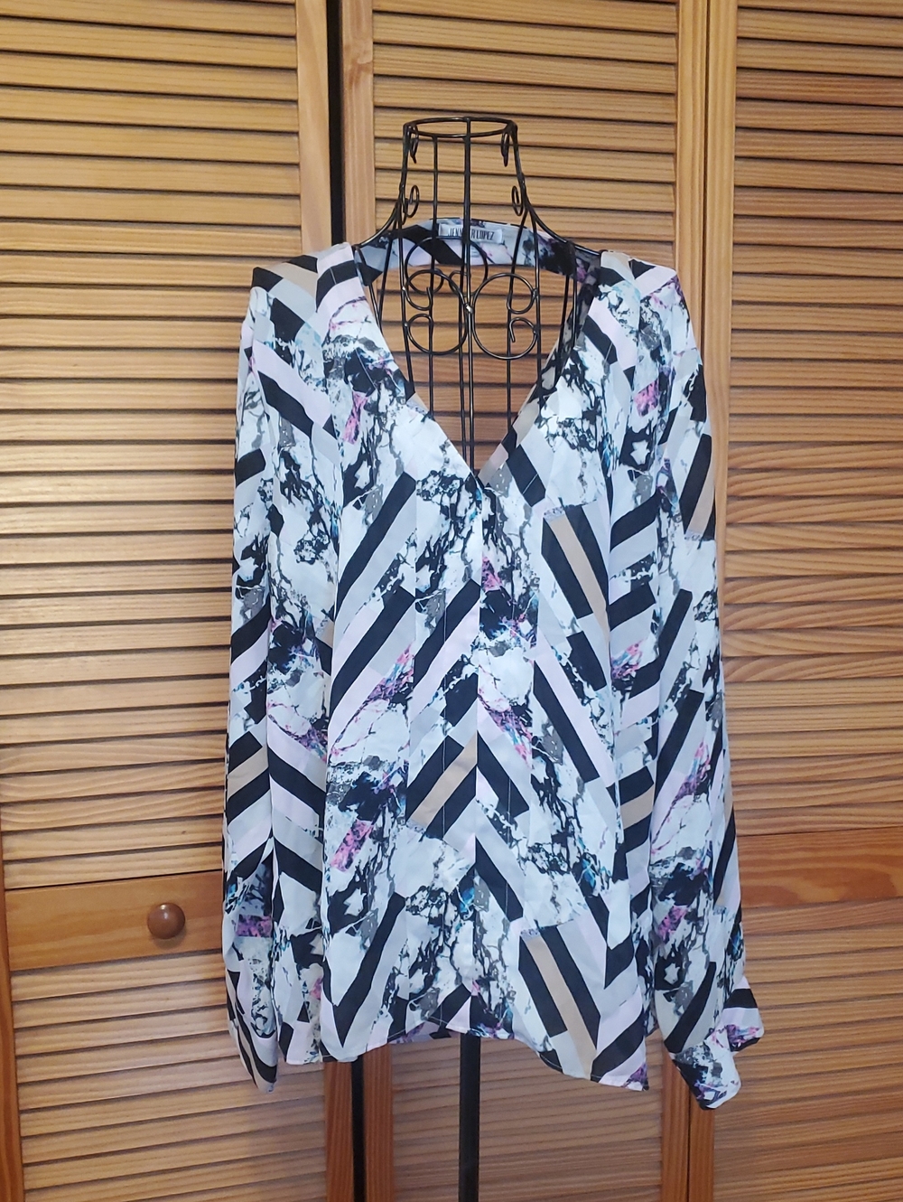Jennifer Lopez Black and White Diagonal Stripe & Marble Print V-Neck Blouse